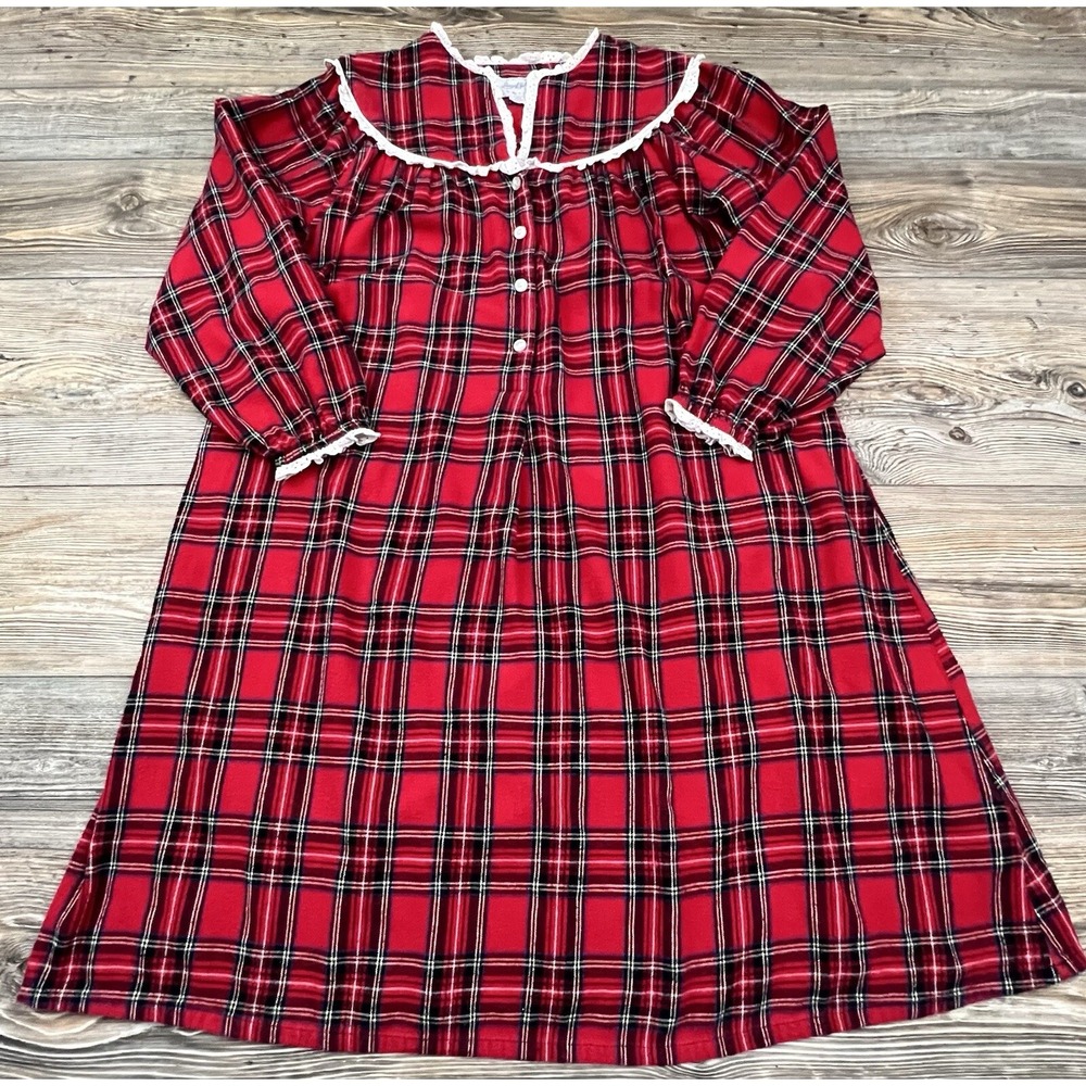 Lanz of Salzburg Nightgown Red Plaid Flannel Eyelet Trim Sleep Small Cabincore